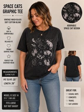 Space Cats Graphic Tee - Vintage Wash Black Ladies 14/16 XL New